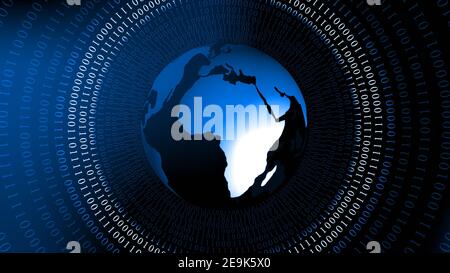 Abstrakter Hintergrund mit Erdkugel in blau - Ringe von Binärcode in Zylinderform angeordnet - globales Internet oder Informationstechnologie Stockfoto