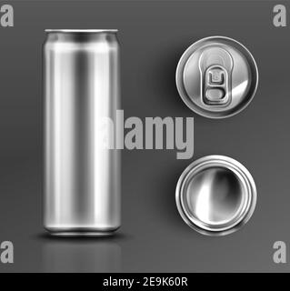 Blechdose mit offenem Schlüssel vorne, oben und unten. Zylinder-Metallglas mit Deckel, silberfarbener Aluminium-Kanister für kalte Getränke isoliert auf grauem Hintergrund, realistische 3D Vektor-Icons, Clip Art Stock Vektor