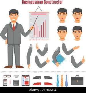 Geschäftsmann Konstruktor Set mit jungen Mann Gesicht Hände und Geschäft Attribute flache Symbole isolierte Vektordarstellung Stock Vektor