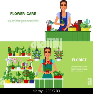 Schöne junge Floristin Verkauf von Haus Pflanzen 2 flache horizontale Banner Poster mit Ladentisch abstrakt isoliert Vektor-Illustration Stock Vektor