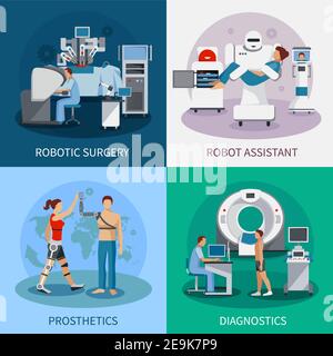 Bionic 2x2 Design-Konzept mit Roboter-Chirurgie diagnostische Geräte orthopädischen prothetik Kompositionen flache Vektor-Illustration Stock Vektor