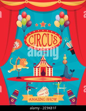Erstaunliche Zirkus-Show Poster mit Arena Theater coulisse Zelt und Trainierte Löwe und marine Dichtung flache Vektor-Illustration Stock Vektor
