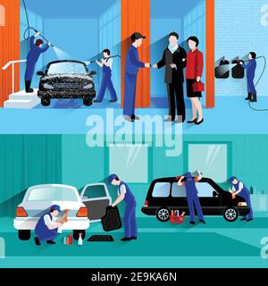 Car Wash Full Service Center 2 flache Banner mit Kunden Und wasserlose Detailer sprühen abstrakte Vektor isolierte Illustration Stock Vektor