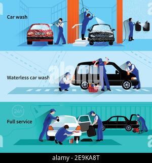 Full-Service-Autowäsche mit Assistenten Team Reinigung Fahrzeug 3 Flache Banner abstrakter Vektor isolierte Illustration Stock Vektor