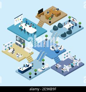 Isometrische Symbole von mehrstöckigen Bürozentrum mit abstraktem Schema von Vektordarstellung „Stockwerke Zimmer und Aktivitäten“ Stock Vektor