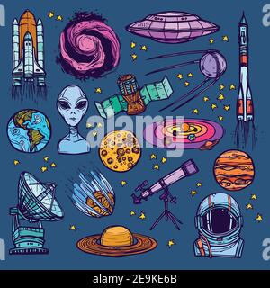 Raum und Astronomie Skizze farbige dekorative Symbole Satz von Satelliten Alien Planeten isoliert Vektor-Illustration Stock Vektor