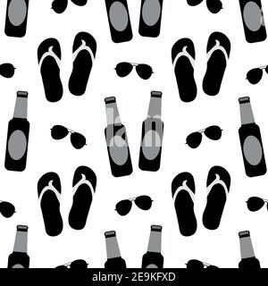 Strand Party Vektor nahtlose Muster Hintergrund. Schwarz-weißer Hintergrund mit Herren-Flip-Flops, Fliegersonnenbrillen und Bierflaschen. Schwarzweiß cool Stock Vektor