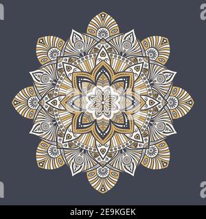 Mandala. Dekorativer Rundschmuck. Isoliert auf dunklem Hintergrund. Arabische, indische, ottomanische Motive. Für Karten, Einladungen, T-Shirts. Vektorfarbe. Stock Vektor