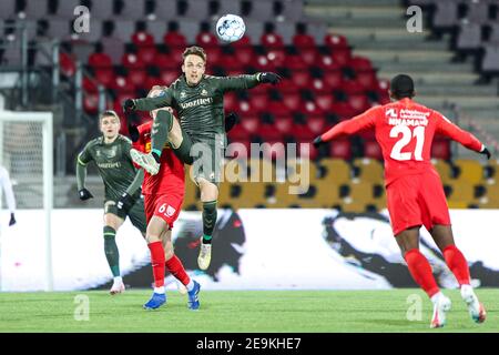 Farum, Dänemark. Februar 2021, 4th. Lasse Vigen (21) aus Broendby, WENN er im Superliga-Spiel 3F zwischen dem FC Nordsjaelland und Broendby IN Right to Dream Park in Farum zu sehen ist. (Foto Kredit: Gonzales Foto/Alamy Live News Stockfoto