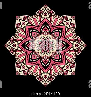 Mandala. Dekorativer Rundschmuck. Isoliert auf schwarzem Hintergrund. Arabische, indische, ottomanische Motive. Für Karten, Einladungen, T-Shirts. Vektorfarbe. Stock Vektor