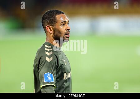 Farum, Dänemark. Februar 2021, 4th. Kevin Mensah (14) von Broendby, WENN er während des Superliga-Spiels 3F zwischen FC Nordsjaelland und Broendby GESEHEN WURDE, WENN er in Right to Dream Park in Farum war. (Foto Kredit: Gonzales Foto/Alamy Live News Stockfoto