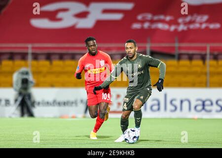 Farum, Dänemark. Februar 2021, 4th. Kevin Mensah (14) von Broendby, WENN er während des Superliga-Spiels 3F zwischen FC Nordsjaelland und Broendby GESEHEN WURDE, WENN er in Right to Dream Park in Farum war. (Foto Kredit: Gonzales Foto/Alamy Live News Stockfoto