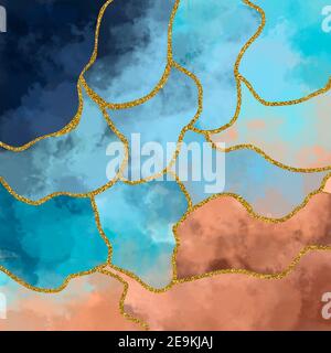 Heller Aquarellhintergrund mit Farbstreifen in blau, beige und braun. Goldene Streifen, abstrakte Formen. Abbildung von Marmor. Stockfoto