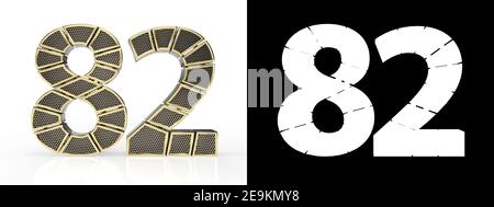 Goldzahl zweiundachtzig (Zahl 82) in perforierte Goldsegmente mit Alpha-Kanal und Schatten auf weißem Hintergrund geschnitten. Vorderansicht. 3D Abbildung Stockfoto