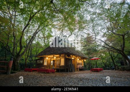 Das alte, traditionelle Mizuya Chaya Tea House, im Wald in der Nähe von Kasuga-taisha, oder Kasuga Grand Shrine im Nara Park, Japan Stockfoto