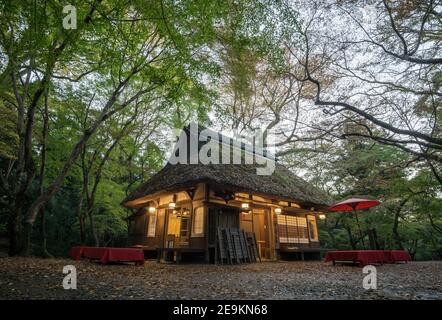 Das alte, traditionelle Mizuya Chaya Tea House, im Wald in der Nähe von Kasuga-taisha, oder Kasuga Grand Shrine im Nara Park, Japan Stockfoto