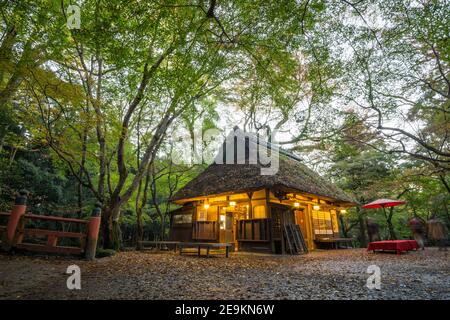 Das alte, traditionelle Mizuya Chaya Tea House, im Wald in der Nähe von Kasuga-taisha, oder Kasuga Grand Shrine im Nara Park, Japan Stockfoto