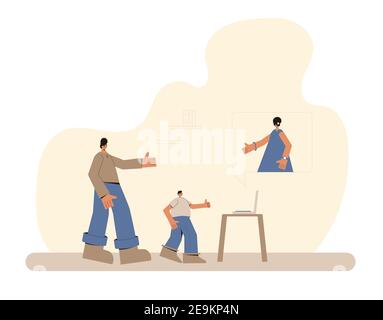 Familienvideoanruf. Mutter online im Gespräch mit ihrem Mann und Sohn. Digitale Kommunikation. Menschen, die miteinander über das Internet sprechen. Vektorfarbe fl Stock Vektor