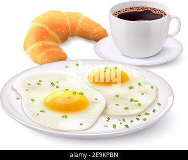 Frühstück realistische Set mit einer Tasse Kaffee Croissant und gebraten Ei auf Platte Vektorgrafik Stock Vektor