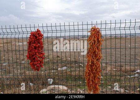 Draußen Hängen Getrocknete Paprika Stockfoto