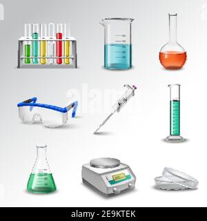 Laborglas Ausrüstung realistische dekorative Ikonen Set mit Kolben Becher Und Pipettierhilfe für isolierte Vektorgrafik Stock Vektor