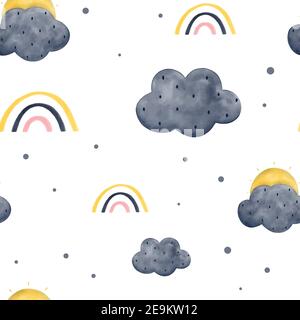 Niedliches nahtloses Muster mit Sonne, Wolken und Regenbogen in Aquarell isoliert auf weißem Hintergrund. Handgezeichnete Vektorgrafik im skandinavischen Stil. Stock Vektor