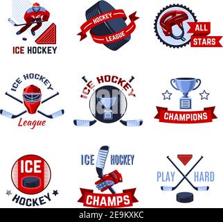 Eishockey Sport Liga Champions Embleme Satz isoliert Vektor-Illustration Stock Vektor