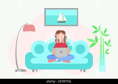 Das Mädchen sitzt mit einem Laptop auf der Couch. Die Frau arbeitet zu Hause. Vector, Remote-Mitarbeiter, Freiberufler. Flache Abbildung. Stock Vektor