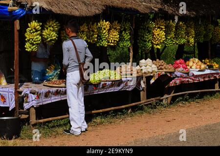 Tourist kauft frisches Obst und Gemüse an einem Marktstand in Vieng Vang, Laos Stockfoto