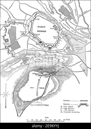 Belagerung von Ciudad Rodrigo, Wellingtons Kampagne in Spanien, 19. Januar 1812, Peninsular war, von britischen Schlachten auf Land und Meer von James Grant Stockfoto