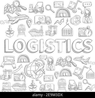 Logistische Skizze Konzept mit Transport und Versand Handel dekorative Ikonen Vektorgrafik einstellen Stock Vektor