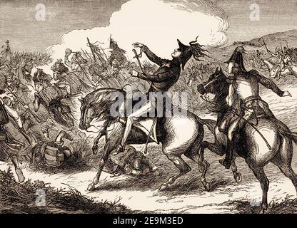 Tod von Generalleutnant Sir Thomas Picton, Schlacht von Waterloo, 18. Juni 1815, bei Waterloo in Belgien, von den britischen Schlachten auf Land und Meer, von James Grant Stockfoto