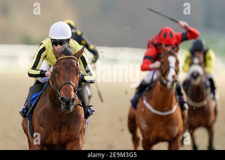 Vater des Jazz von Jockey Callum Shepherd geritten gewinnen die Betway Handicap auf Lingfield Rennbahn. Bilddatum: Freitag, 5. Februar 2021. Stockfoto