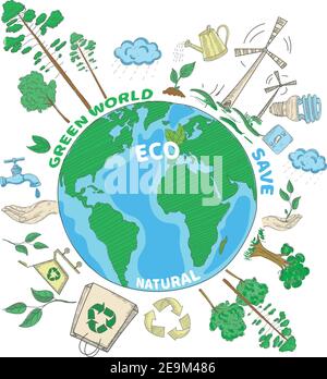 Doodle grüne Welt Ökologie farbiges Konzept mit Globus und eco Dekorative Symbole setzen Vektor-Illustration Stock Vektor