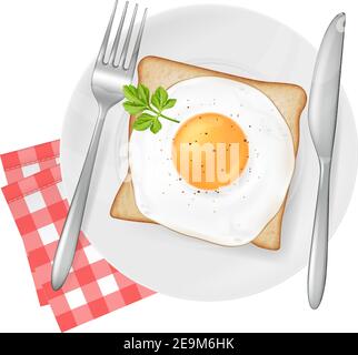 Spiegeleier auf einem Toast, serviert auf einem weißen Teller mit Gabel und Messer. Vektorgrafik. Stock Vektor