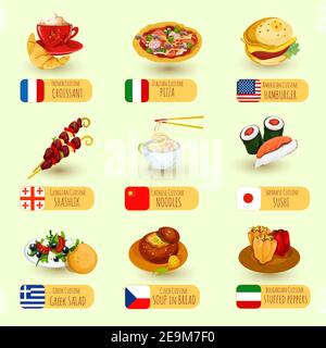 World Food internationale Küche dekorative Symbole mit Pizza Croissant gesetzt hamburger isolierte Vektorgrafik Stock Vektor