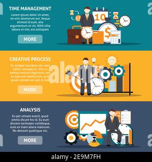 Zeitmanagement horizontale Banner mit kreativen Prozess und Analyse gesetzt Isolierte Vektordarstellung für Elemente Stock Vektor