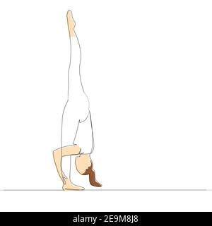 Eine fortlaufende Linienzeichnung. Silhouette eines Turnsportlers mit lackierter Haut steht auf einem Bein. Vektorgrafik. Stock Vektor