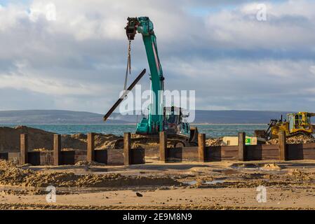 Schwere Maschinen arbeiten an Holz groyne Erneuerung Programm findet am Strand in Alum Chine, Bournemouth, Dorset UK im Februar Stockfoto