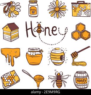 Honig handgezeichnete dekorative Ikonen Set mit Bienenstock Wachszelle Fliegende Biene isoliert Vektor-Illustration Stock Vektor