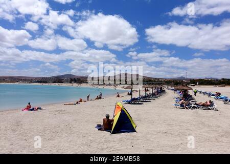 Der Sandstrand von Playa del Castillo in Caleta de Fuste in Fueteventura, Spanien Stockfoto