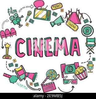 Cinema Design-Konzept mit handgezeichneten Film Art Icons Set vektorgrafik Stock Vektor