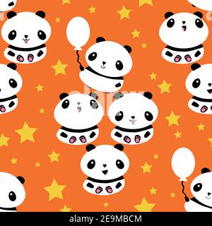 Kawaii Vektor Panda nahtlose Muster Muster Hintergrund. Niedliche schwarz-weiß sitzende Cartoon-Bären mit Ballons und Sternen auf orangefarbenem Hintergrund Stock Vektor