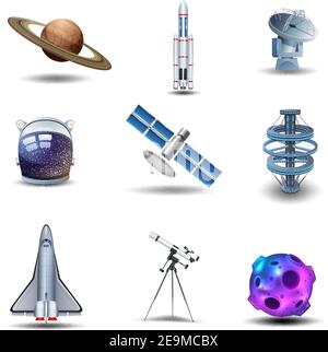 Raum dekorative Symbole Set mit Asteroid Spaceman Helm Rakete isoliert vektorgrafik Stock Vektor
