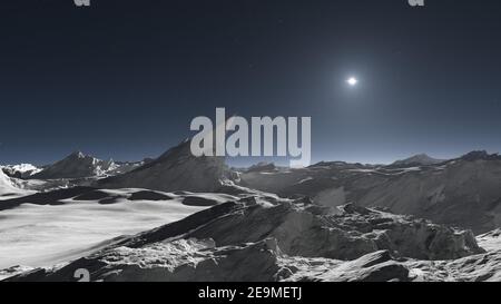 Außerirdischer Mond oder außerirdische planetarische Landschaft. 3D Abbildung Stockfoto