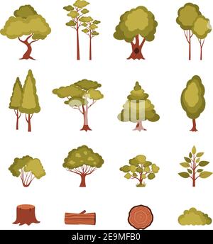 Waldelemente mit Bäumen Sträucher Pflanzen Log und Stumpf gesetzt Isolierte Vektordarstellung Stock Vektor