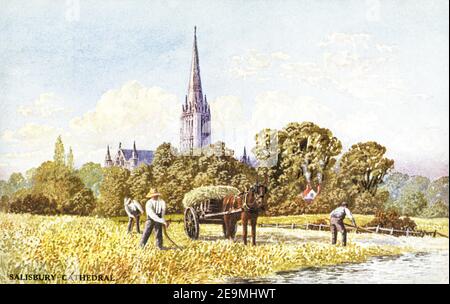 Eine farbige Postkarte der Salisbury Cathedral UK aus dem Jahr 1920s. Stockfoto