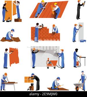 Arbeiter Bauingenieure Ingenieure und Techniker Symbole setzen isolierte Vektor-Illustration Stock Vektor