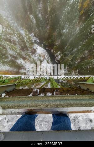 Blick hinunter von der High Steel Bridge, einst eine Holzfäller Eisenbahnbrücke und jetzt eine Straßenbrücke über den South Fork Skokomish River, Olympic National Fores Stockfoto