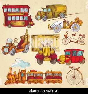 Vintage Transport Steampunk historische Fahrzeug Skizze farbige dekorative Symbole gesetzt Isolierte Vektordarstellung Stock Vektor